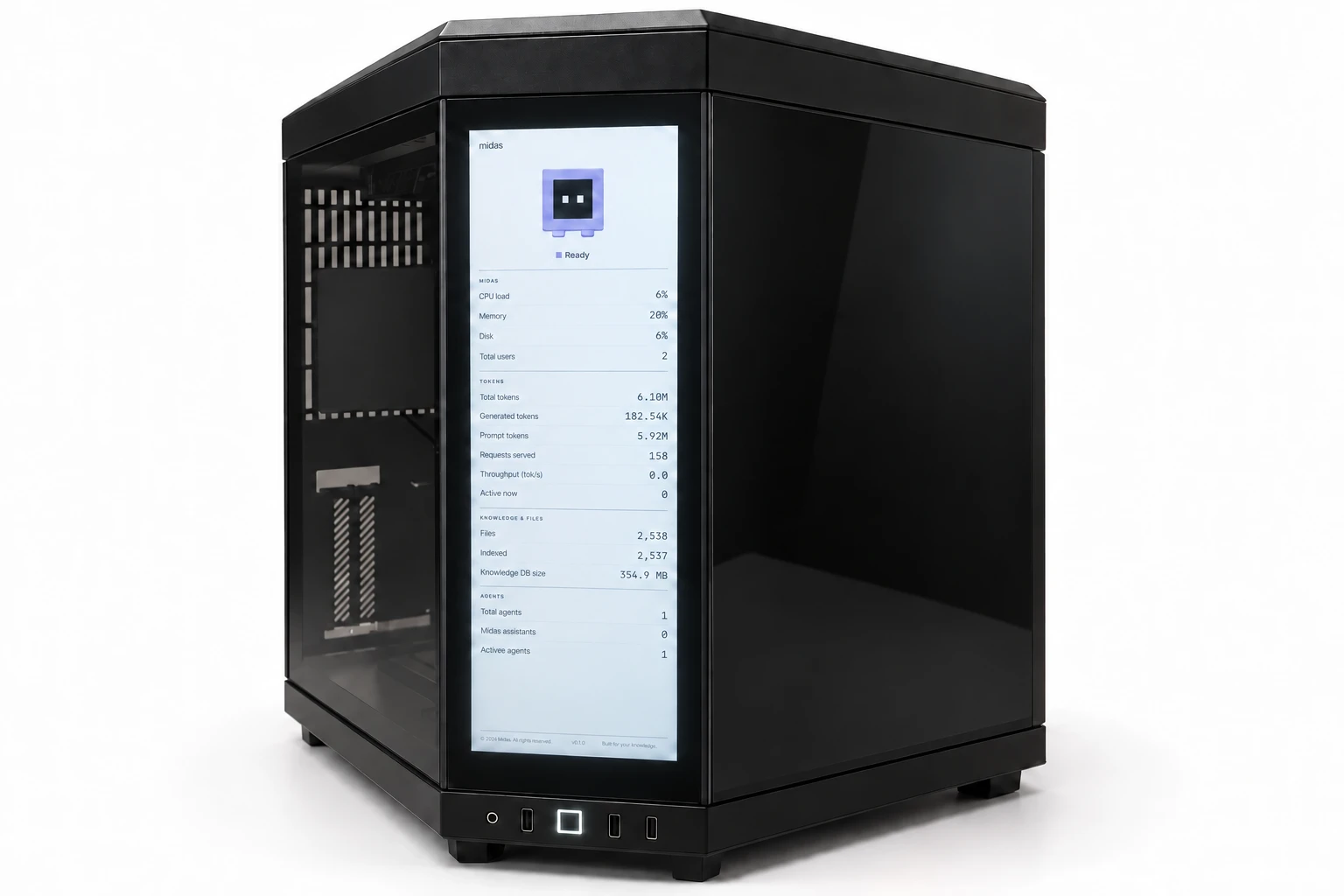 Midas on-premise system: black glass case, opaque fan cover and tall corner touchscreen