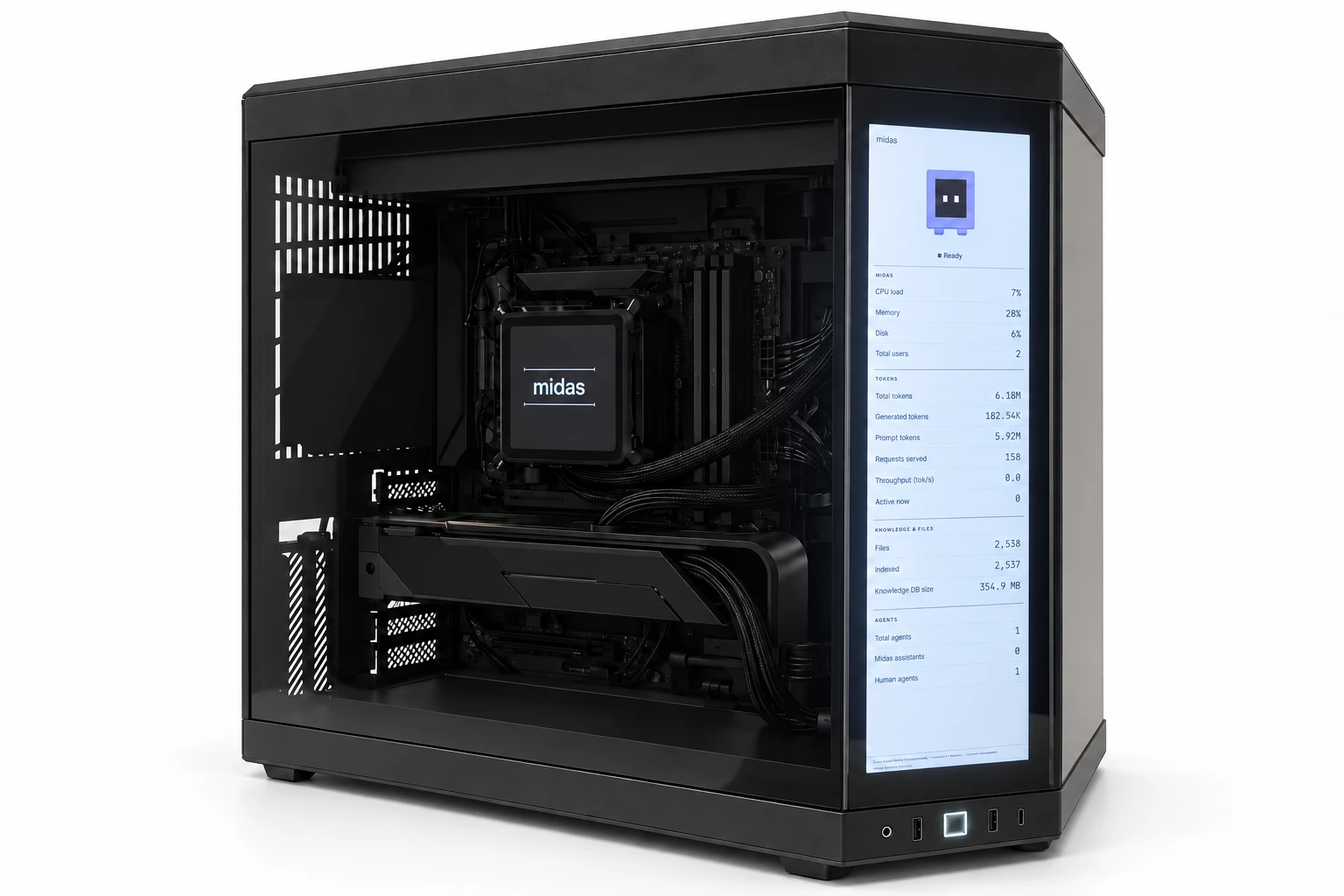 Midas through its glass side: visible graphics card, cooling hardware and integrated portrait display